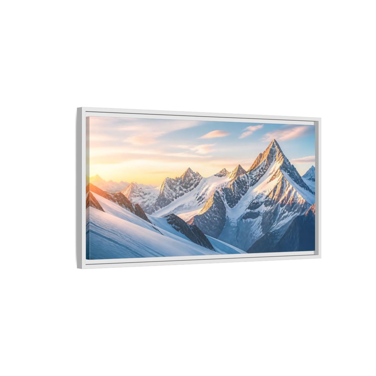 Side Mockup 1. Nature Snowy Mountains Blue And Orange shown as stretched canvas wall art