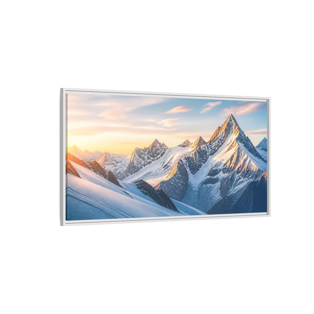 Side Mockup 3. Nature Snowy Mountains Blue And Orange shown as stretched canvas wall art