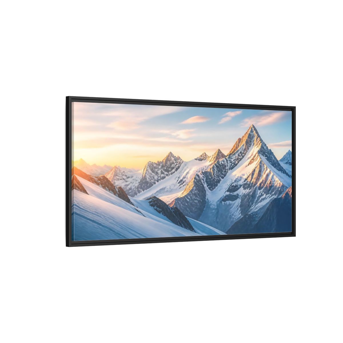 Side Mockup 5. Nature Snowy Mountains Blue And Orange shown as stretched canvas wall art