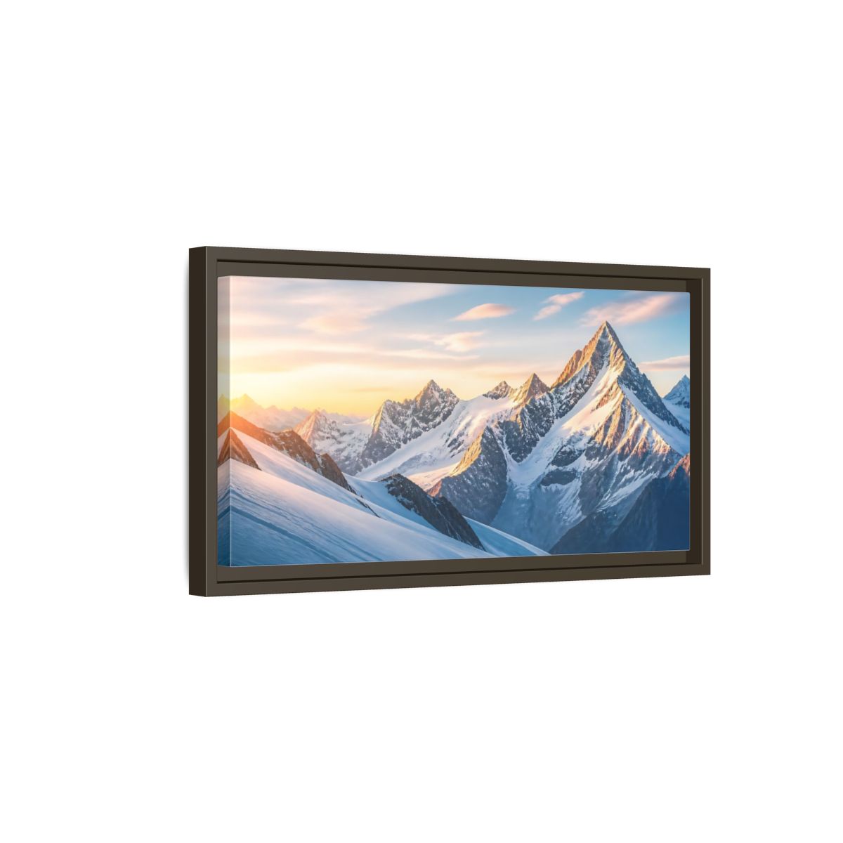 Side Mockup 7. Nature Snowy Mountains Blue And Orange shown as stretched canvas wall art