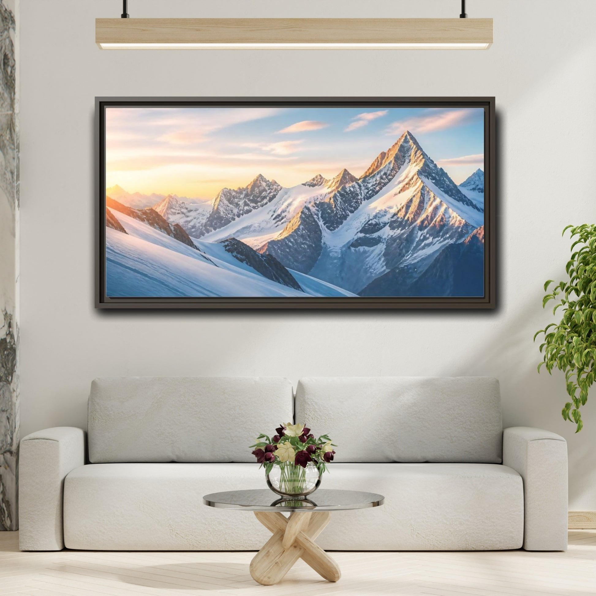 Mockup 2. Nature Snowy Mountains Blue And Orange shown as stretched canvas wall art