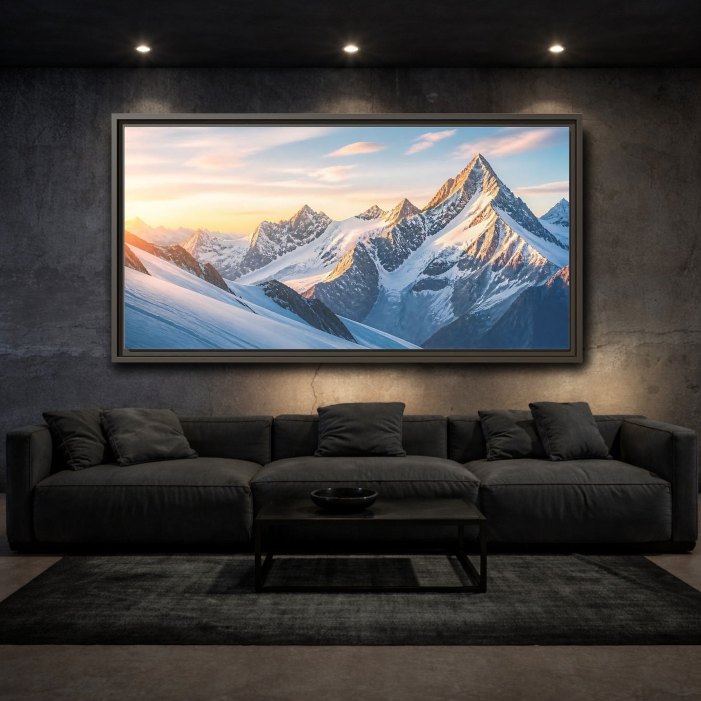 Mockup 3. Nature Snowy Mountains Blue And Orange shown as stretched canvas wall art