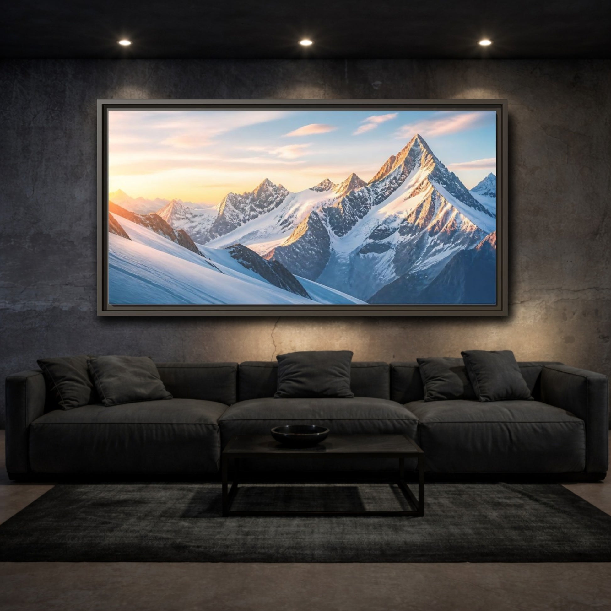 Mockup 3. Nature Snowy Mountains Blue And Orange shown as stretched canvas wall art