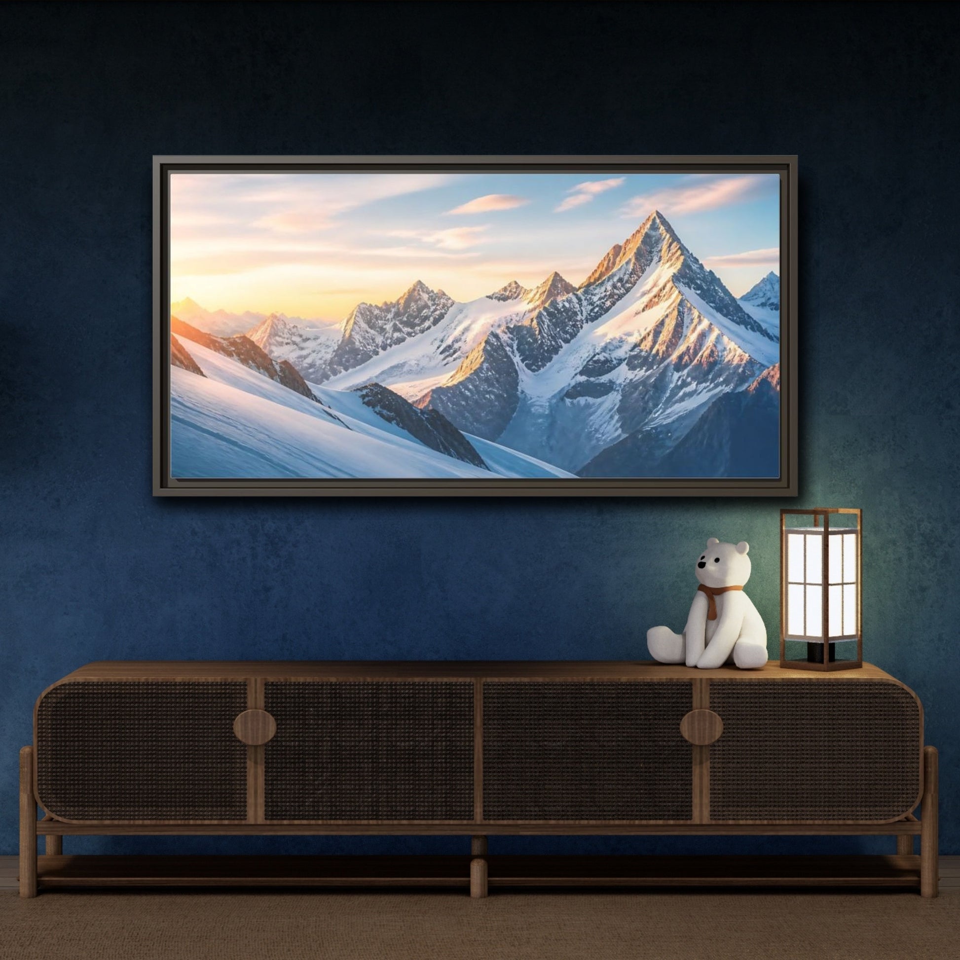Mockup 4. Nature Snowy Mountains Blue And Orange shown as stretched canvas wall art