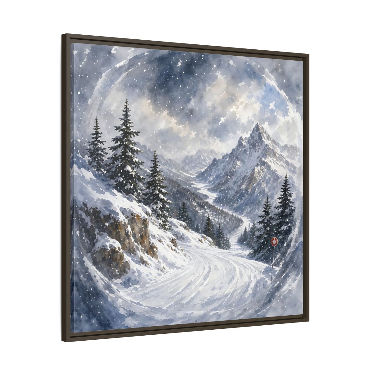 Main Mockup. Nature Snowy Mountains Blue And White shown as stretched canvas wall art