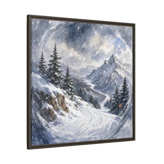 Main Mockup. Nature Snowy Mountains Blue And White shown as stretched canvas wall art