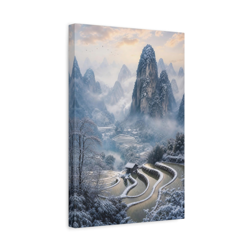 Side Mockup 4. Nature Snowy Mountains Blue And White Landscape shown as stretched canvas wall art