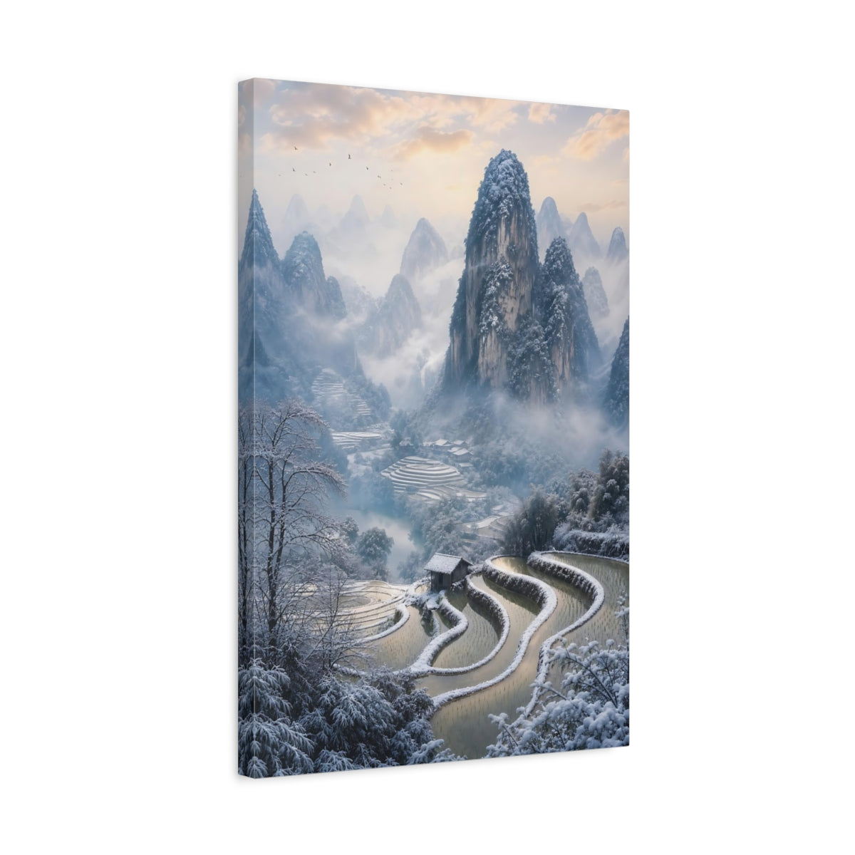 Side Mockup 3. Nature Snowy Mountains Blue And White Landscape shown as stretched canvas wall art