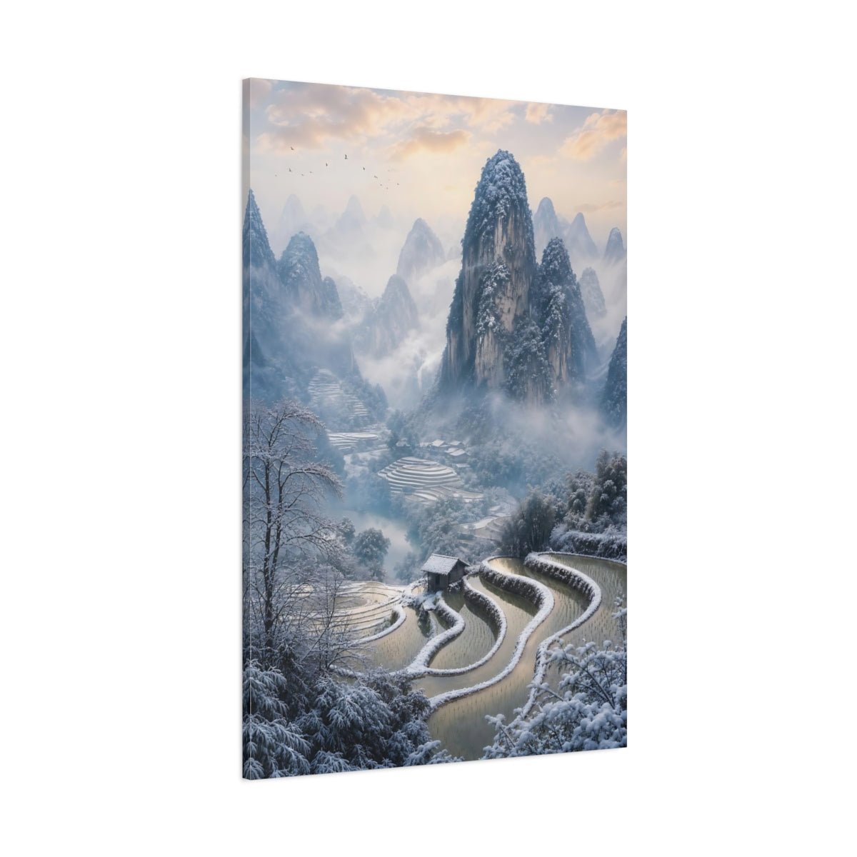 Side Mockup 1. Nature Snowy Mountains Blue And White Landscape shown as stretched canvas wall art