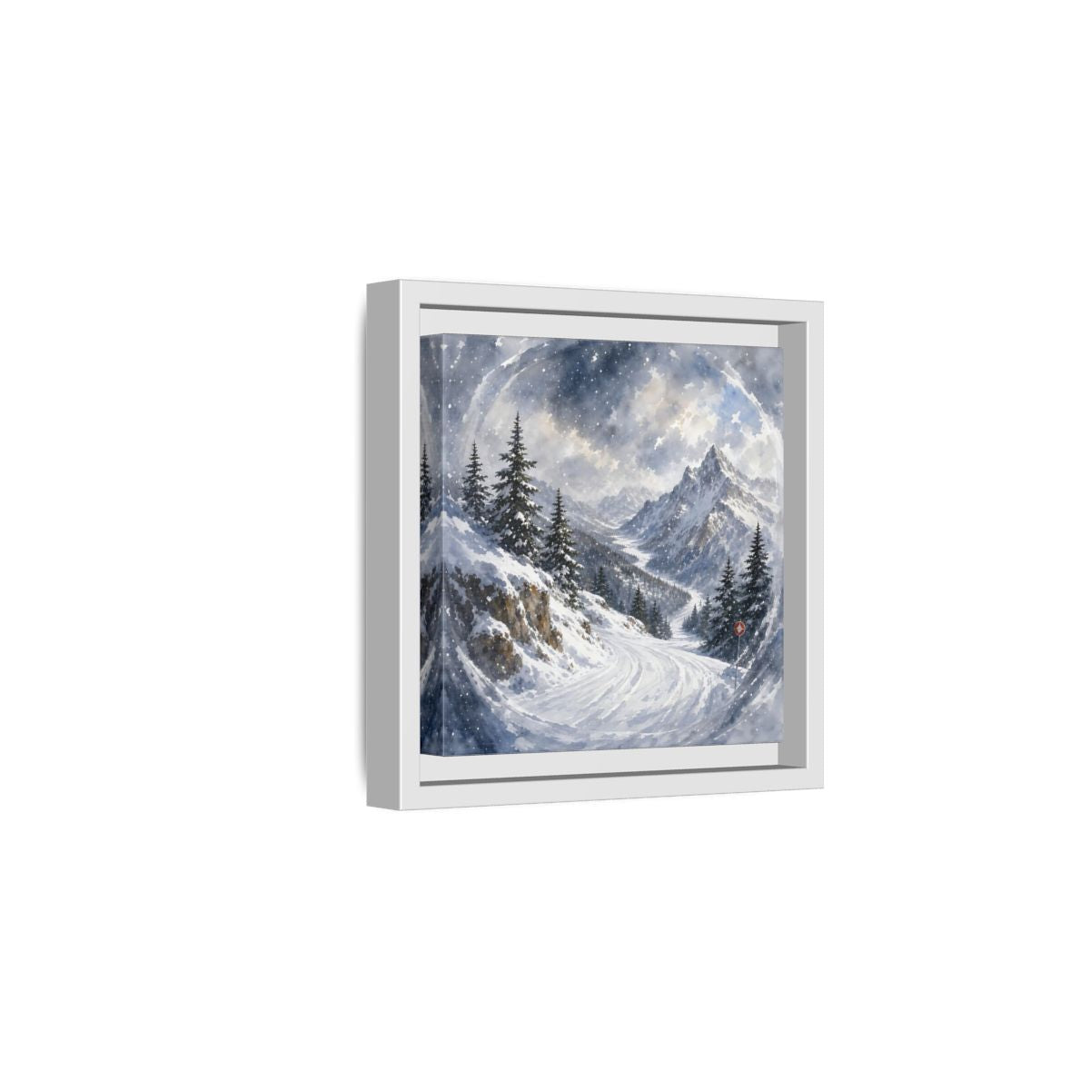 Side Mockup 1. Nature Snowy Mountains Blue And White shown as stretched canvas wall art