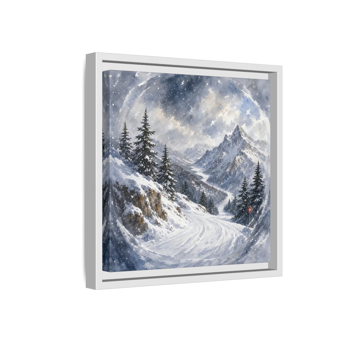 Side Mockup 16. Nature Snowy Mountains Blue And White shown as stretched canvas wall art