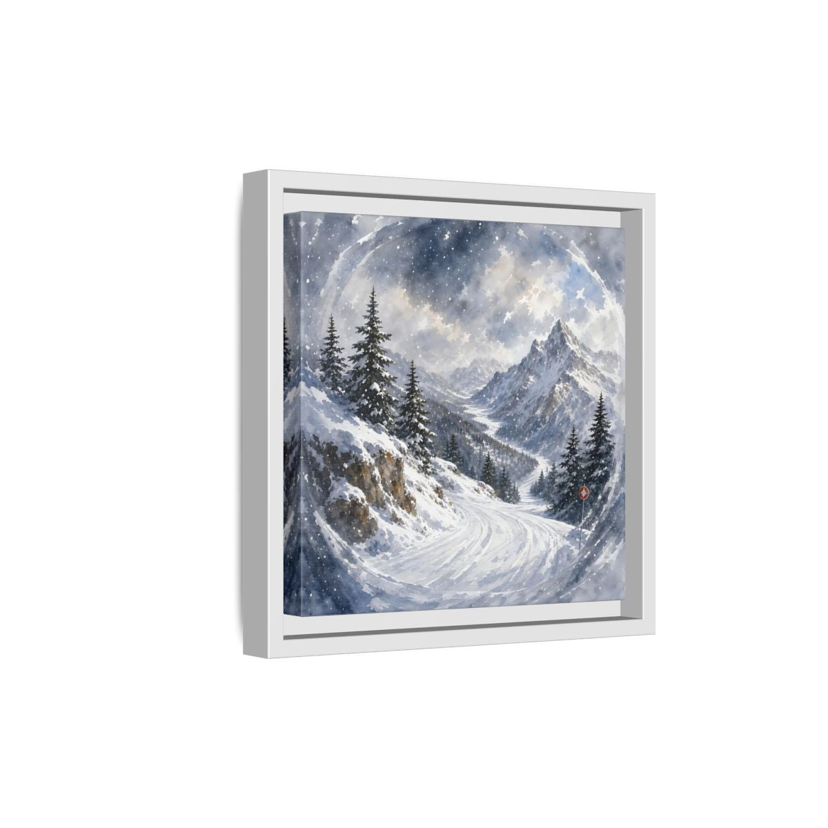 Side Mockup 19. Nature Snowy Mountains Blue And White shown as stretched canvas wall art