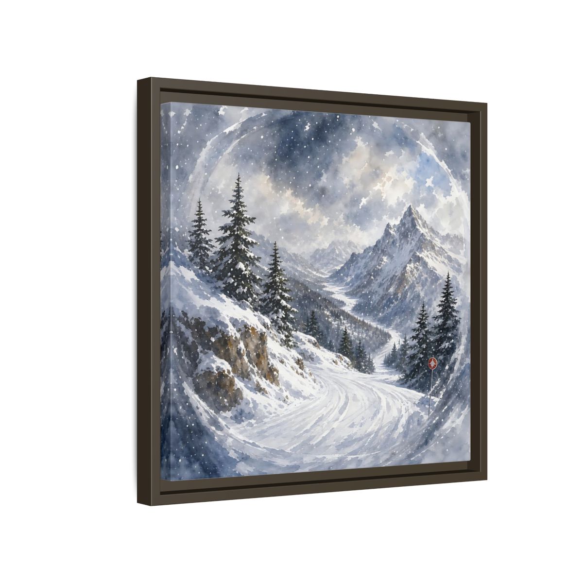Side Mockup 14. Nature Snowy Mountains Blue And White shown as stretched canvas wall art