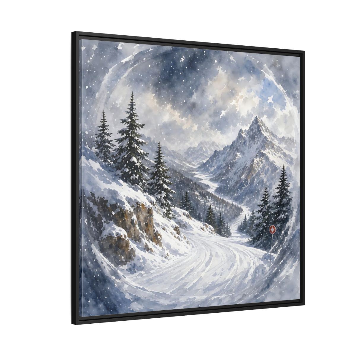 Side Mockup 6. Nature Snowy Mountains Blue And White shown as stretched canvas wall art