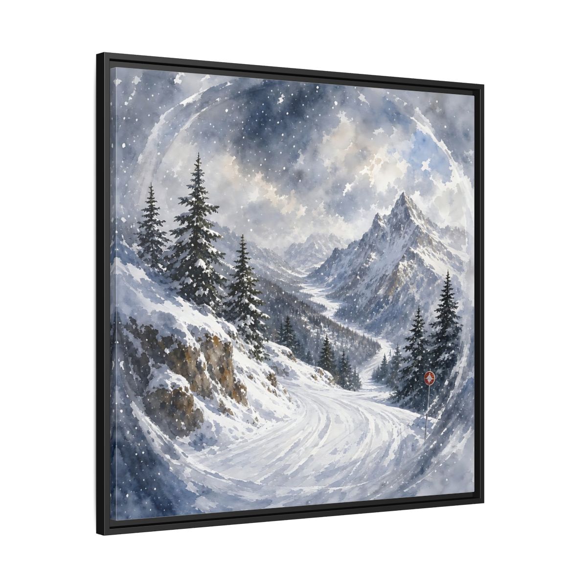 Side Mockup 30. Nature Snowy Mountains Blue And White shown as stretched canvas wall art
