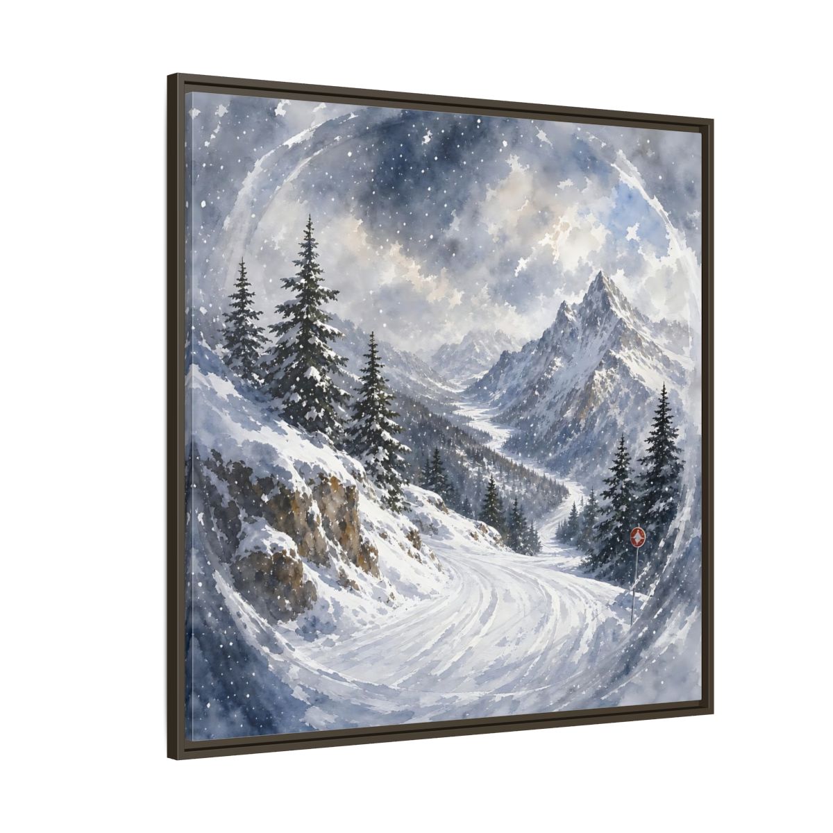 Side Mockup 5. Nature Snowy Mountains Blue And White shown as stretched canvas wall art