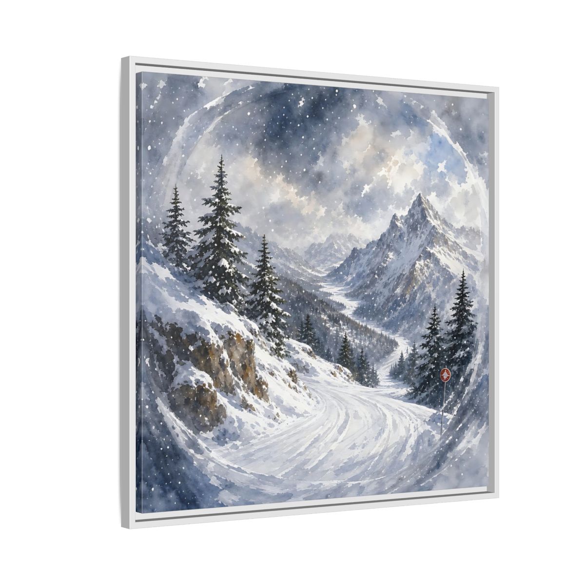 Side Mockup 7. Nature Snowy Mountains Blue And White shown as stretched canvas wall art
