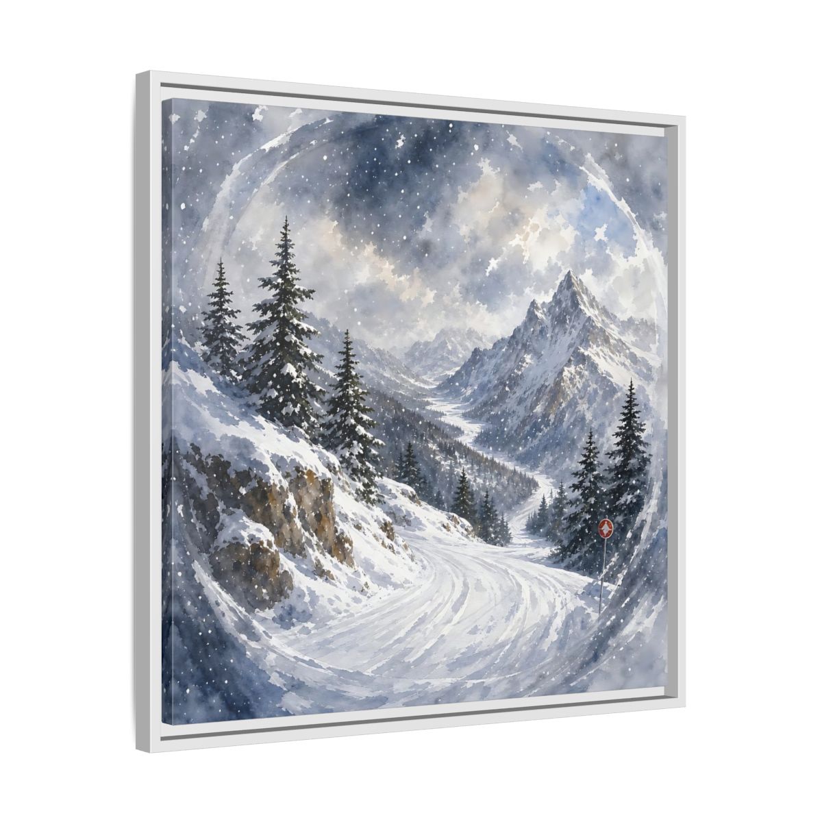 Side Mockup 26. Nature Snowy Mountains Blue And White shown as stretched canvas wall art