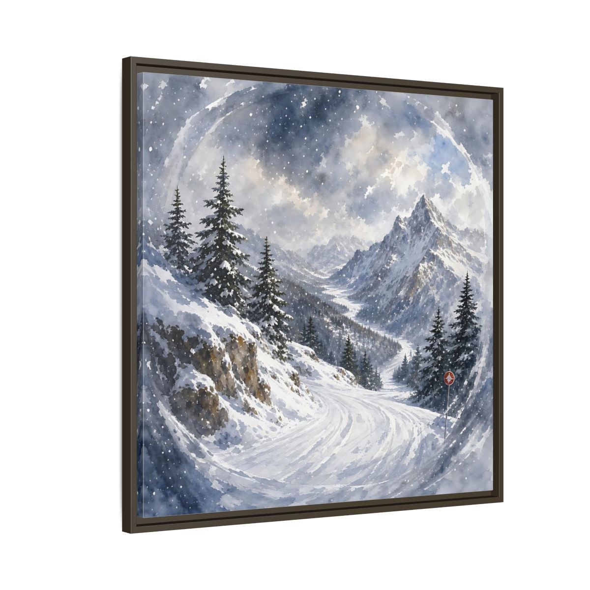 Side Mockup 8. Nature Snowy Mountains Blue And White shown as stretched canvas wall art