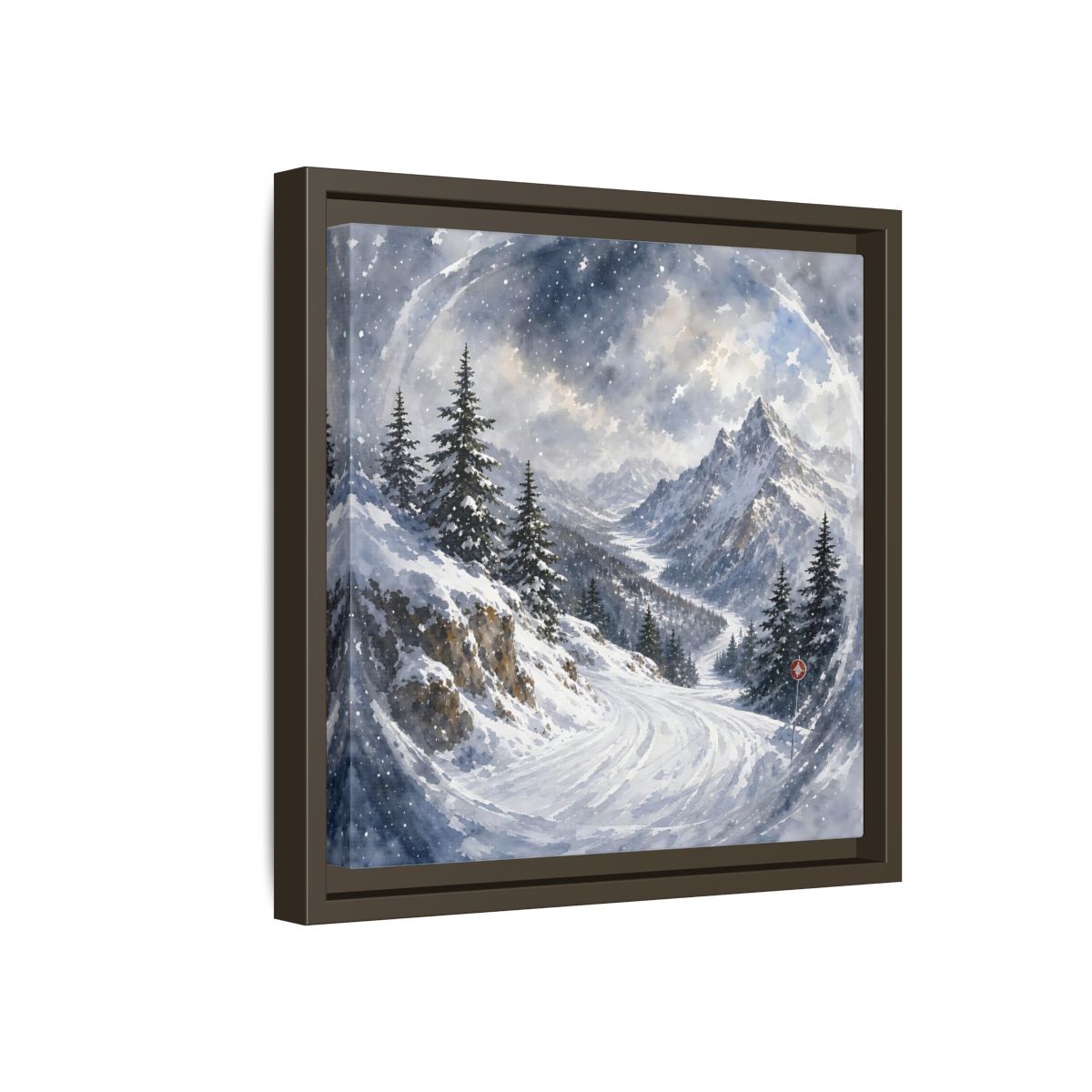 Side Mockup 17. Nature Snowy Mountains Blue And White shown as stretched canvas wall art