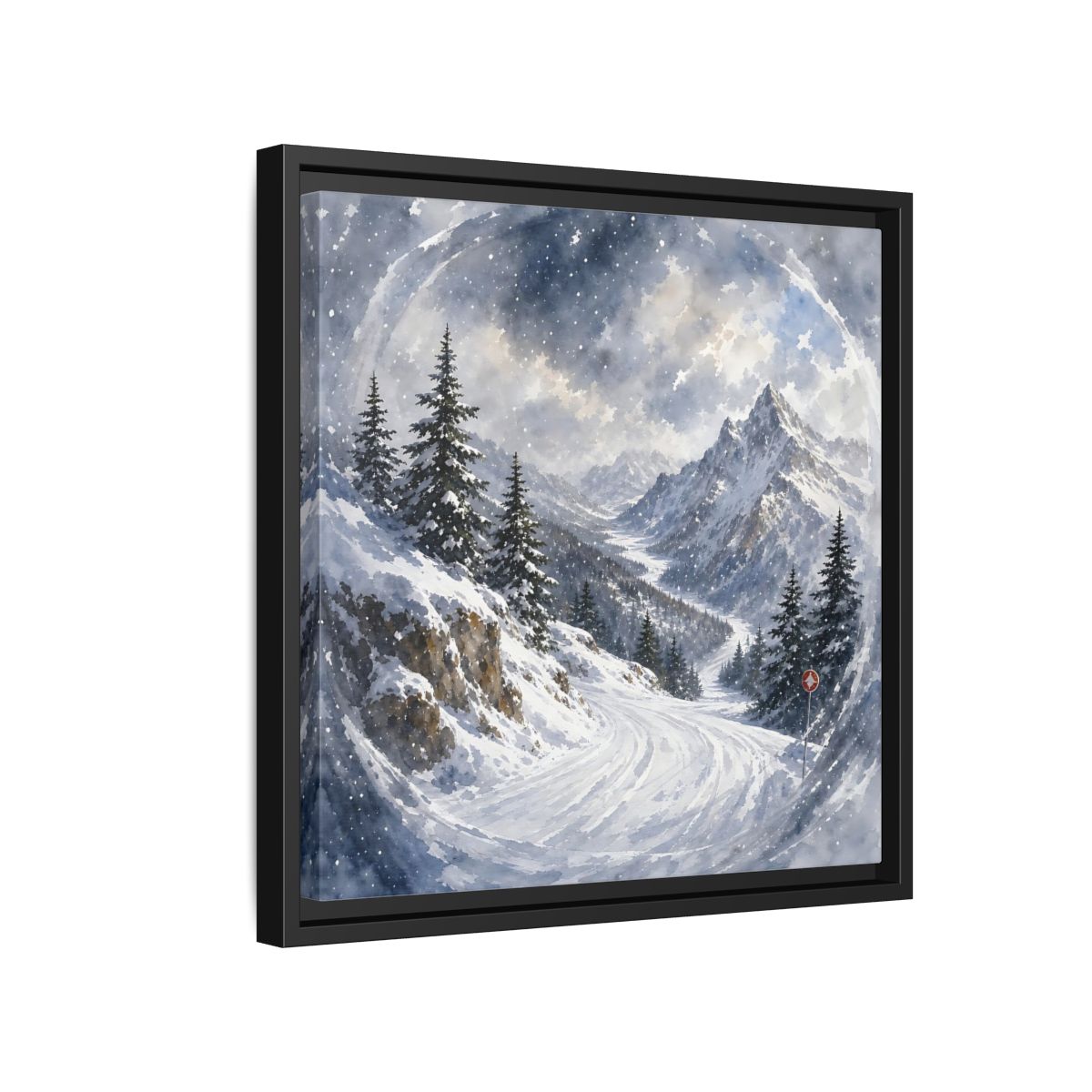Side Mockup 15. Nature Snowy Mountains Blue And White shown as stretched canvas wall art