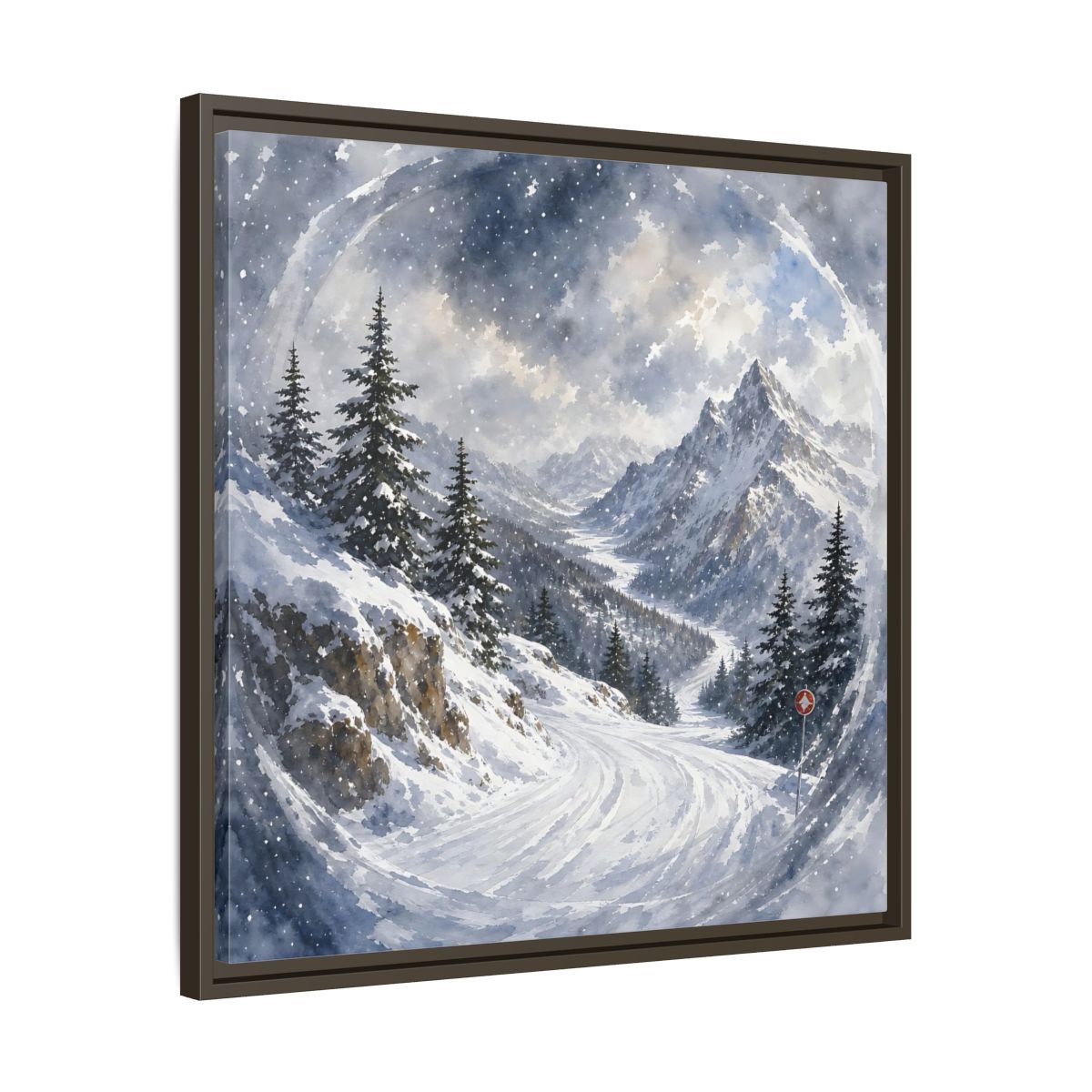Side Mockup 27. Nature Snowy Mountains Blue And White shown as stretched canvas wall art