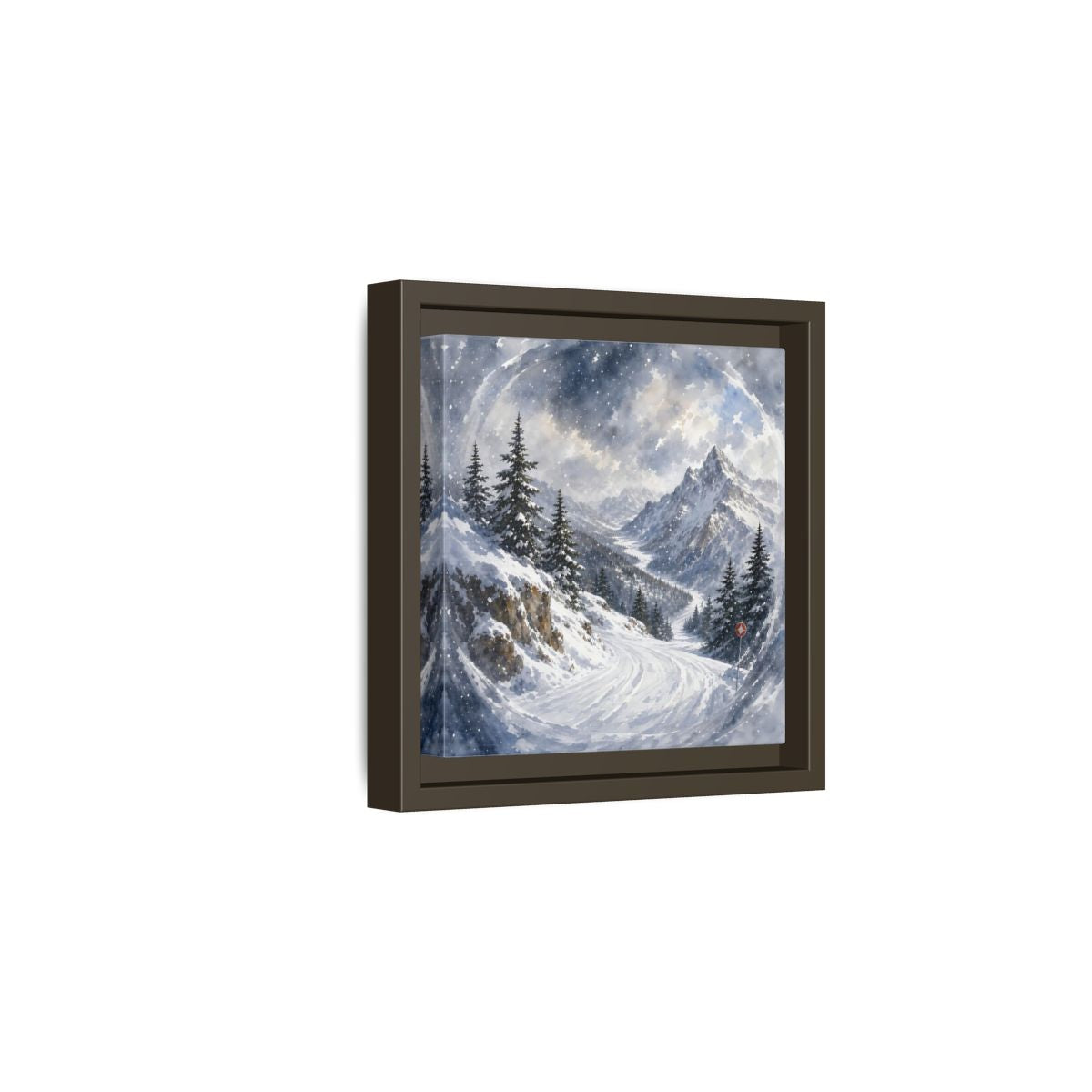 Side Mockup 2. Nature Snowy Mountains Blue And White shown as stretched canvas wall art