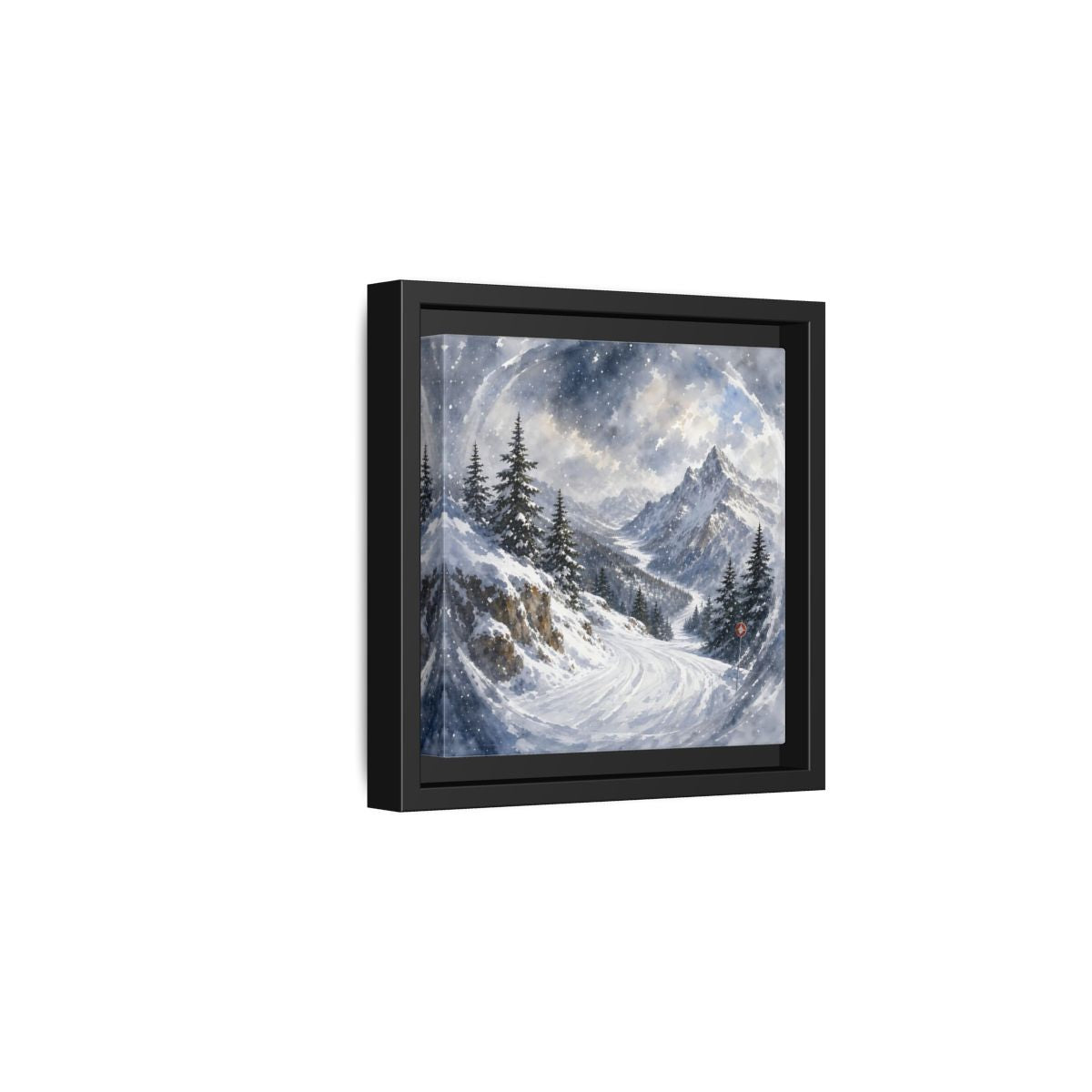 Side Mockup 3. Nature Snowy Mountains Blue And White shown as stretched canvas wall art