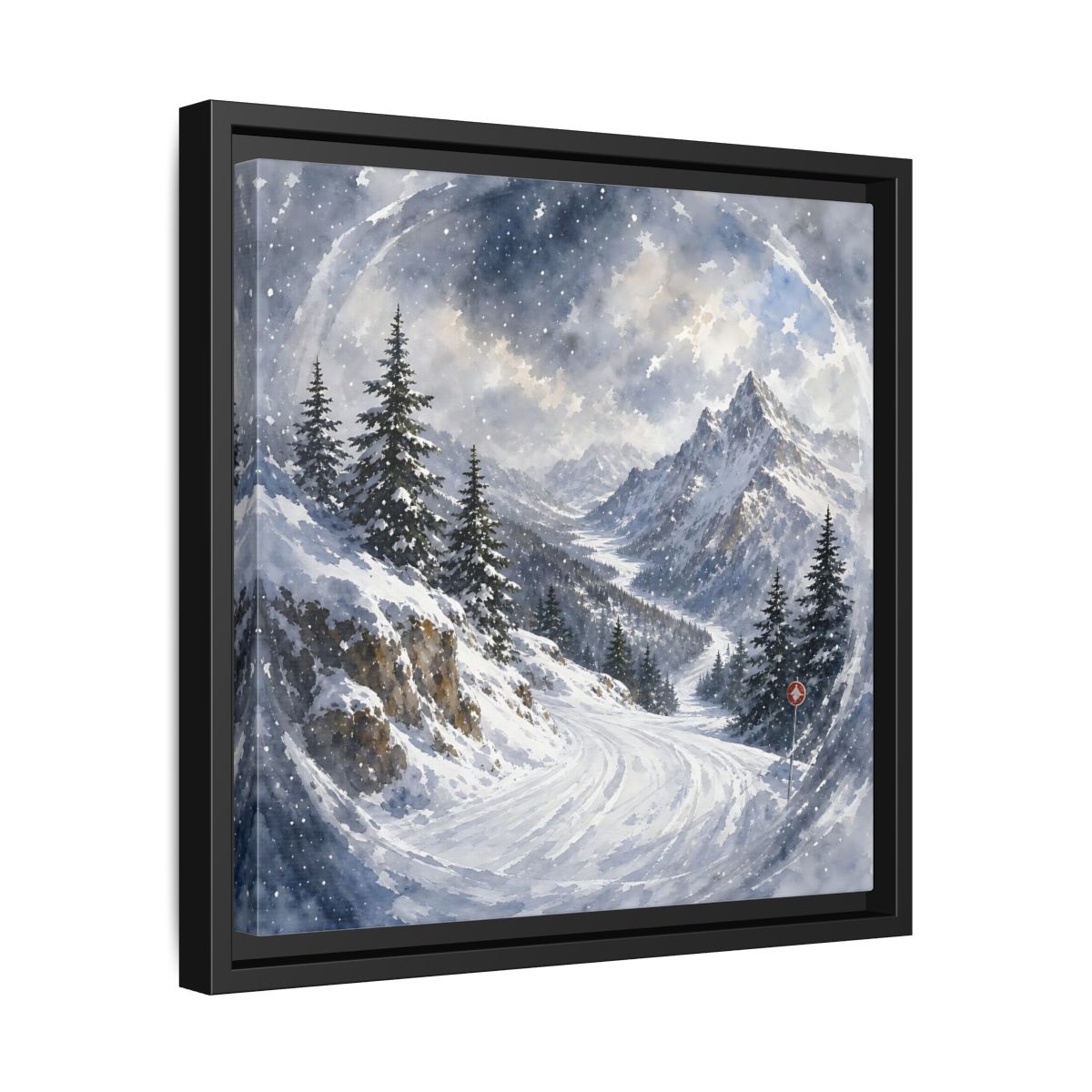 Side Mockup 32. Nature Snowy Mountains Blue And White shown as stretched canvas wall art