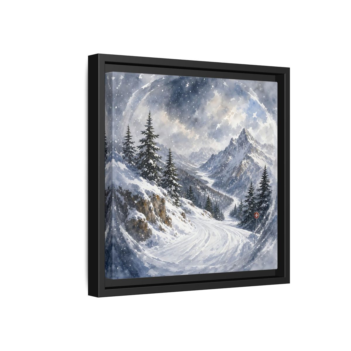 Side Mockup 18. Nature Snowy Mountains Blue And White shown as stretched canvas wall art