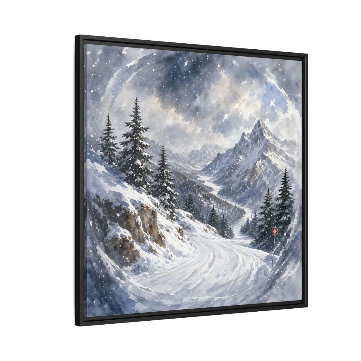 Side Mockup 9. Nature Snowy Mountains Blue And White shown as stretched canvas wall art