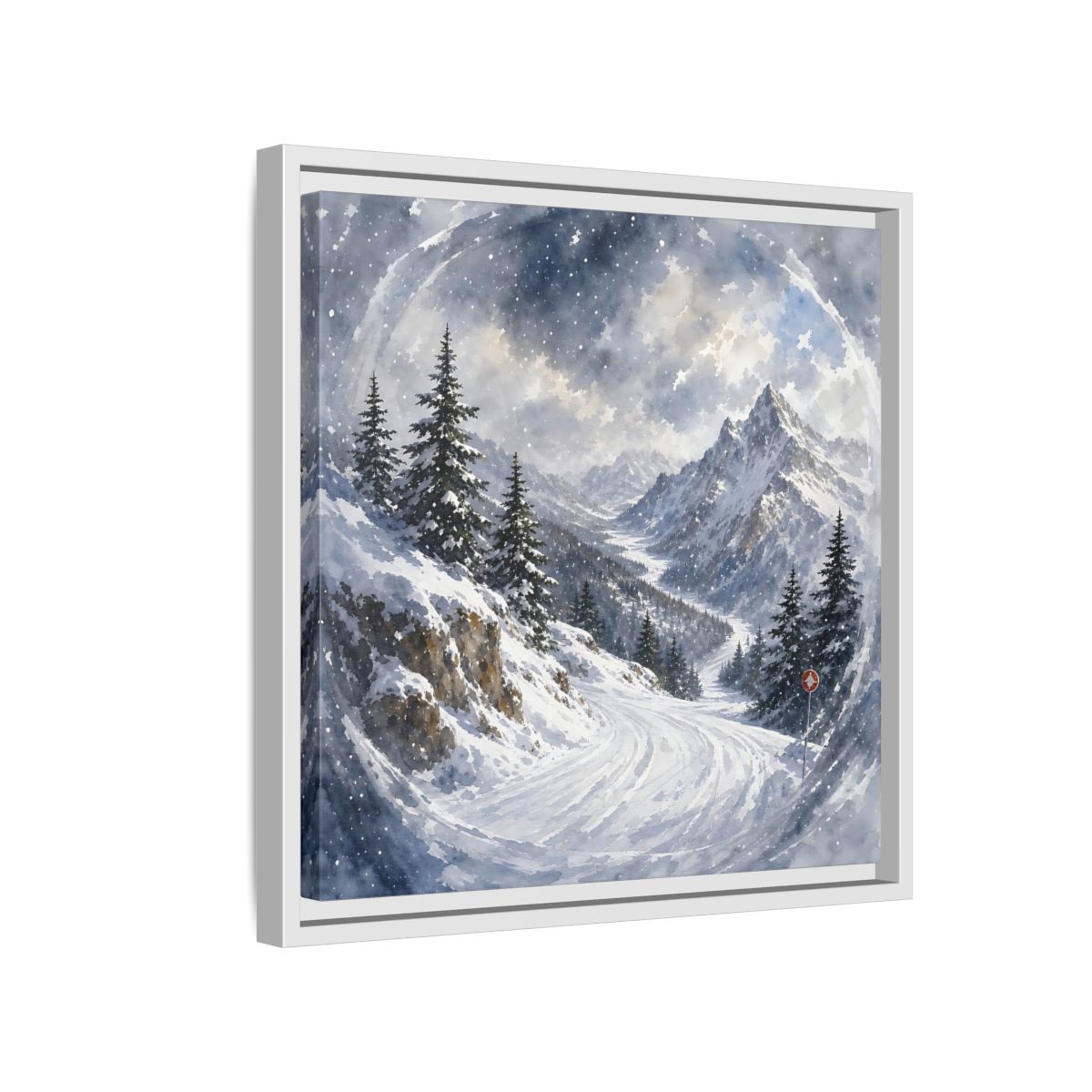 Side Mockup 13. Nature Snowy Mountains Blue And White shown as stretched canvas wall art