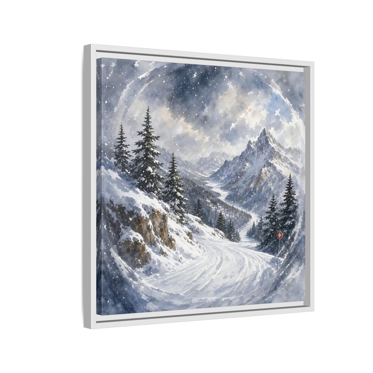 Side Mockup 10. Nature Snowy Mountains Blue And White shown as stretched canvas wall art
