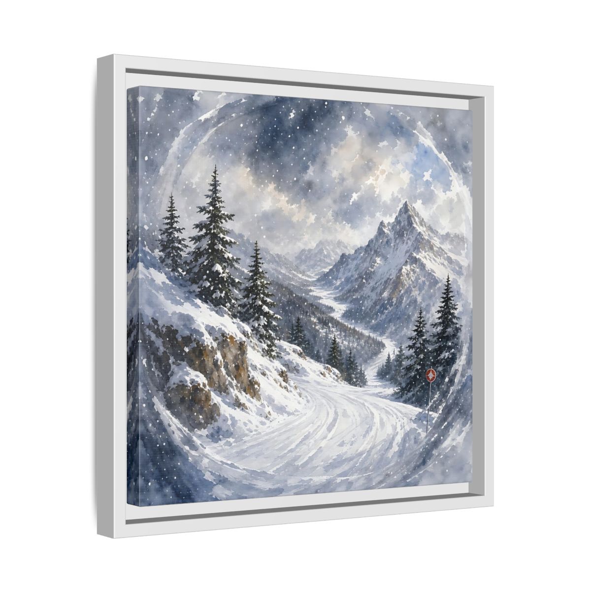 Side Mockup 28. Nature Snowy Mountains Blue And White shown as stretched canvas wall art