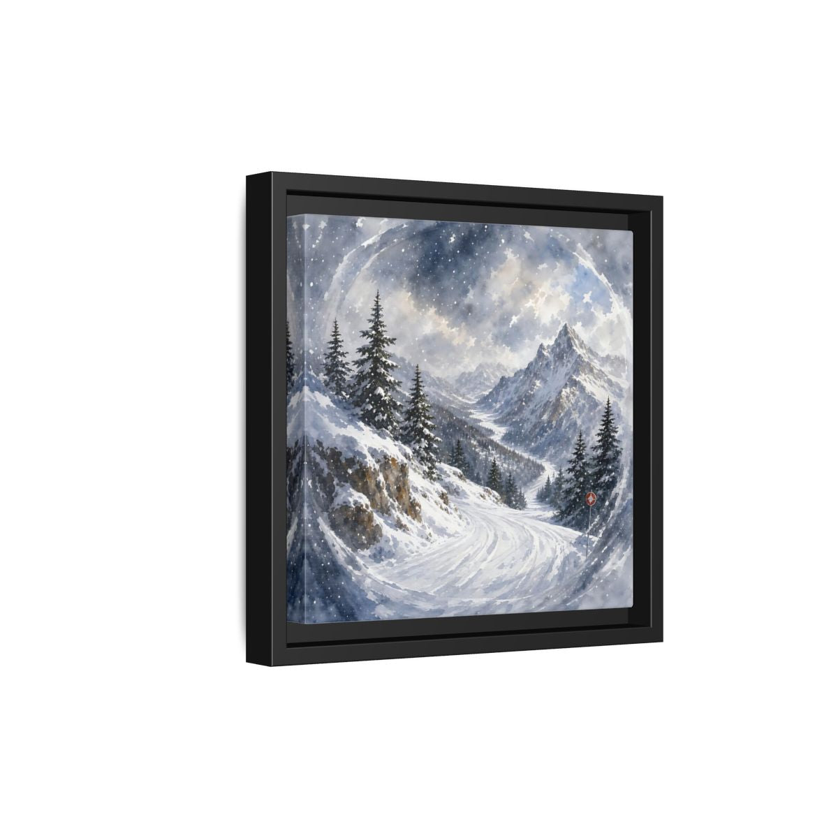 Side Mockup 21. Nature Snowy Mountains Blue And White shown as stretched canvas wall art