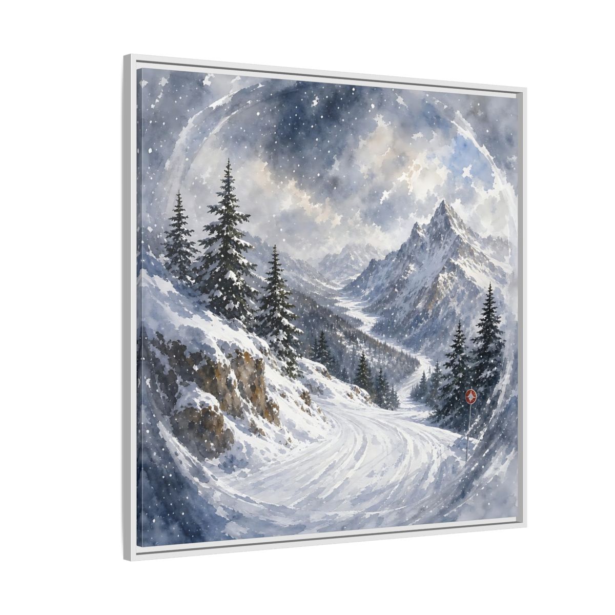 Side Mockup 4. Nature Snowy Mountains Blue And White shown as stretched canvas wall art