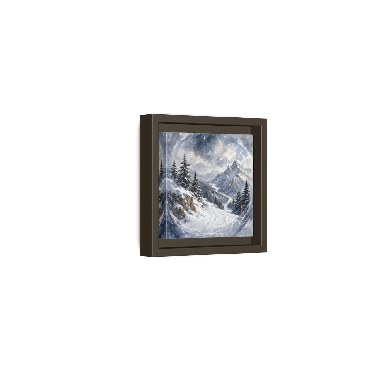 Side Mockup 23. Nature Snowy Mountains Blue And White shown as stretched canvas wall art