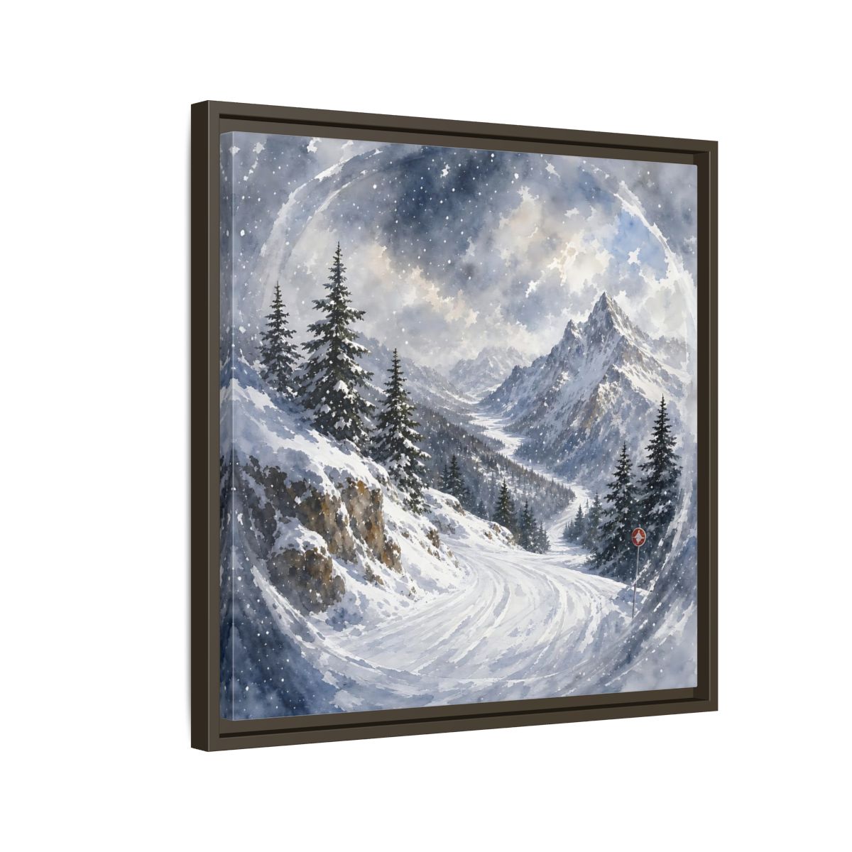 Side Mockup 11. Nature Snowy Mountains Blue And White shown as stretched canvas wall art