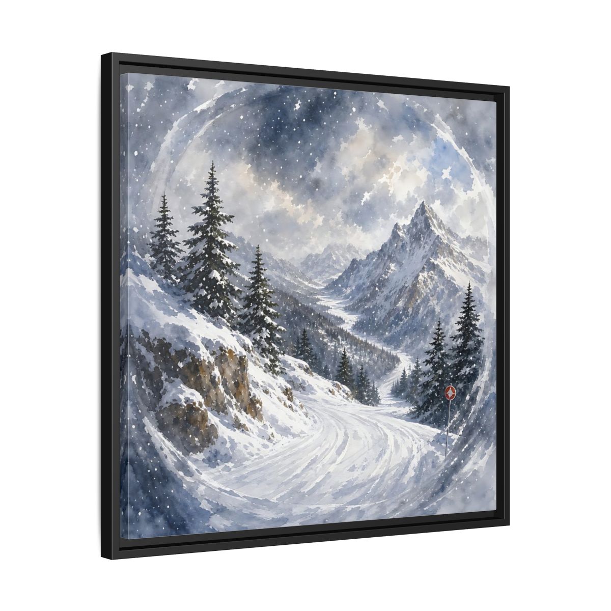 Side Mockup 31. Nature Snowy Mountains Blue And White shown as stretched canvas wall art