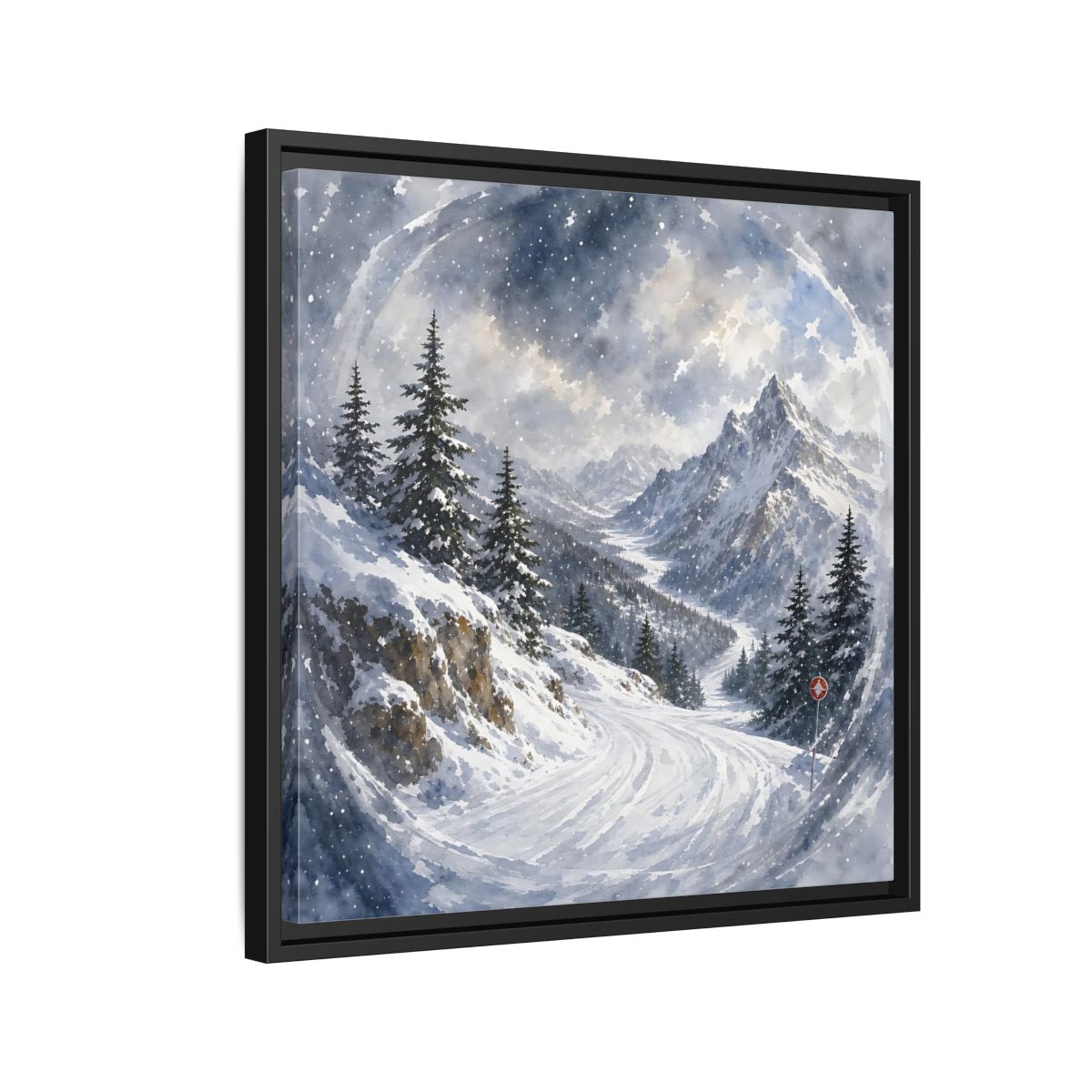 Side Mockup 12. Nature Snowy Mountains Blue And White shown as stretched canvas wall art