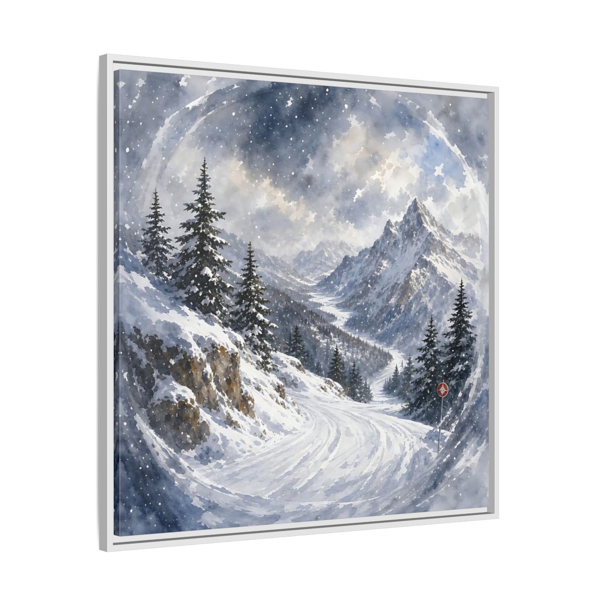 Side Mockup 25. Nature Snowy Mountains Blue And White shown as stretched canvas wall art