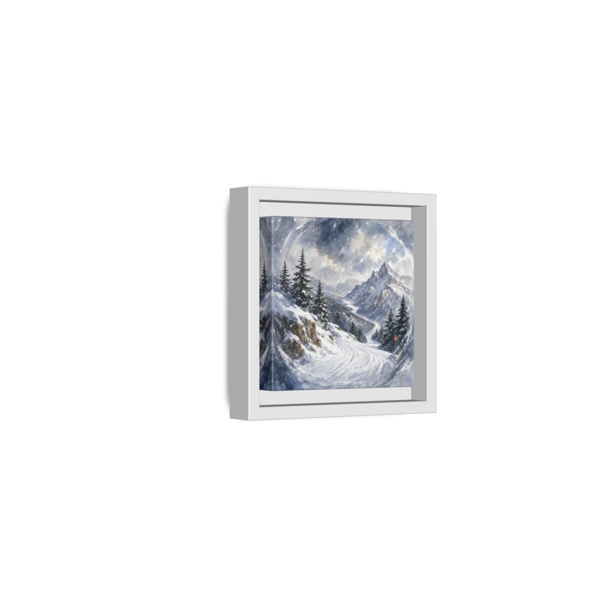 Side Mockup 22. Nature Snowy Mountains Blue And White shown as stretched canvas wall art
