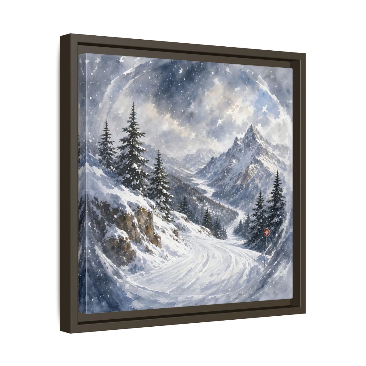Side Mockup 29. Nature Snowy Mountains Blue And White shown as stretched canvas wall art