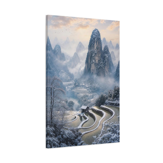 Main Mockup. Nature Snowy Mountains Blue And White Landscape shown as stretched canvas wall art