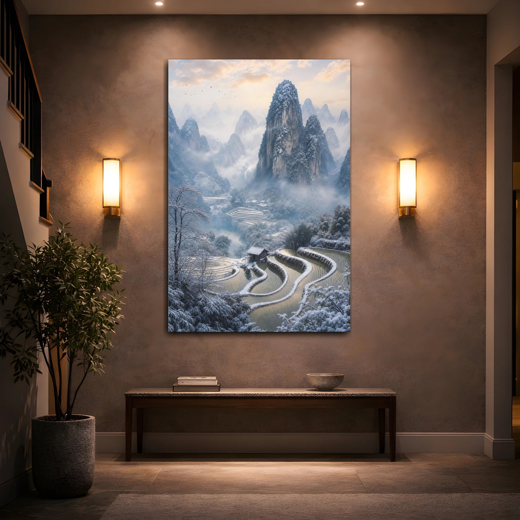 Mockup 2. Nature Snowy Mountains Blue And White Landscape shown as stretched canvas wall art