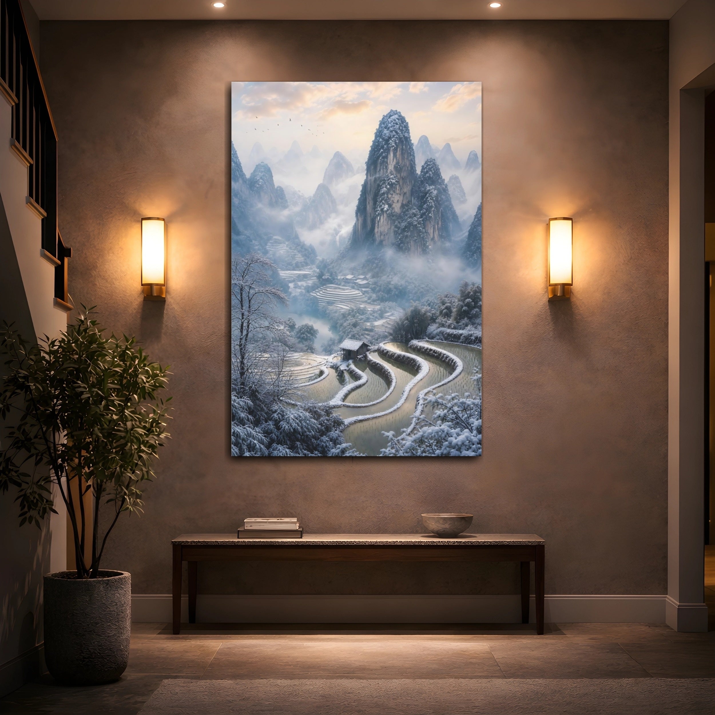 Mockup 2. Nature Snowy Mountains Blue And White Landscape shown as stretched canvas wall art