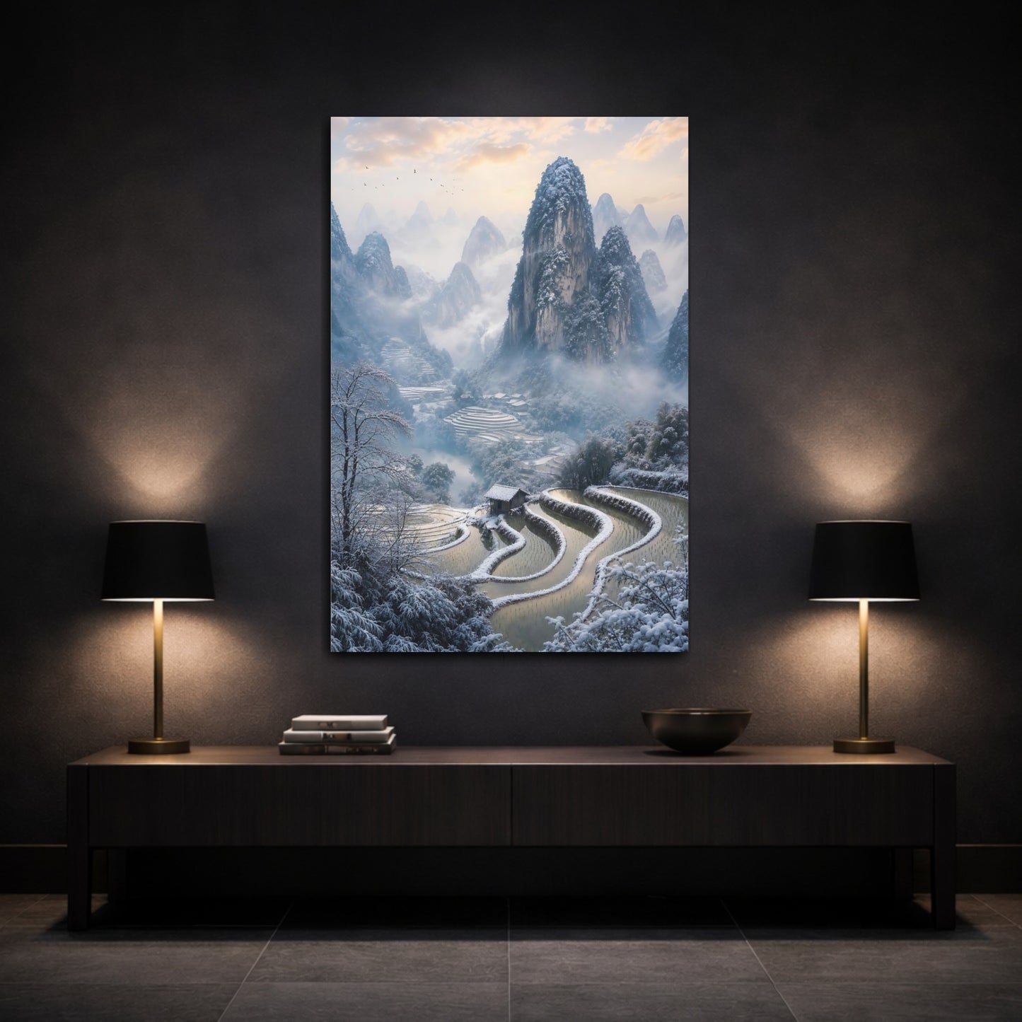 Mockup 3. Nature Snowy Mountains Blue And White Landscape shown as stretched canvas wall art