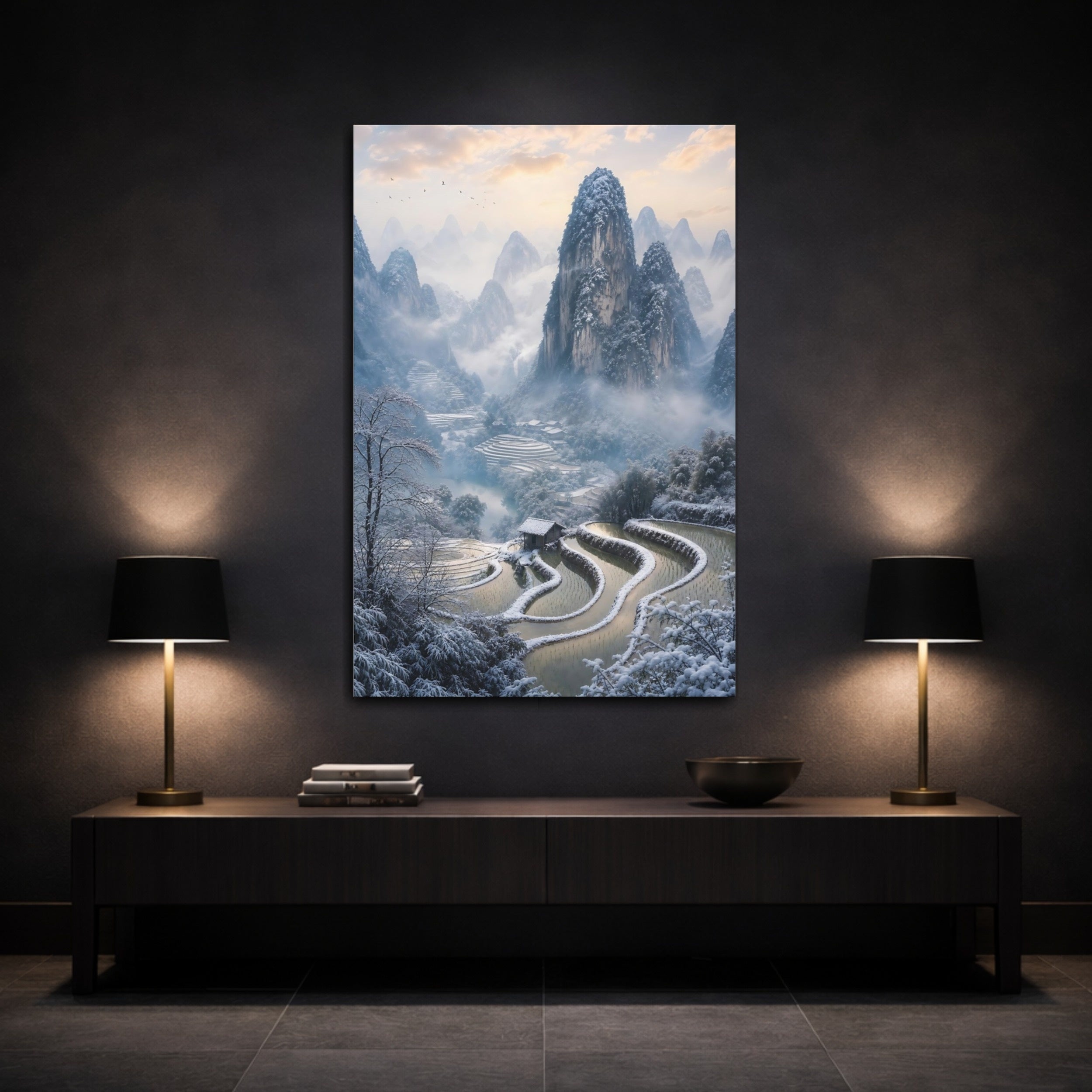 Mockup 3. Nature Snowy Mountains Blue And White Landscape shown as stretched canvas wall art