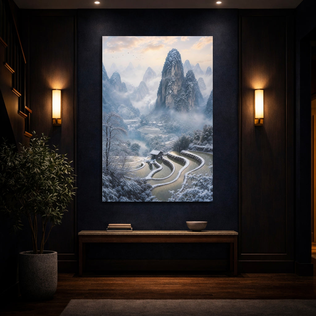 Mockup 4. Nature Snowy Mountains Blue And White Landscape shown as stretched canvas wall art
