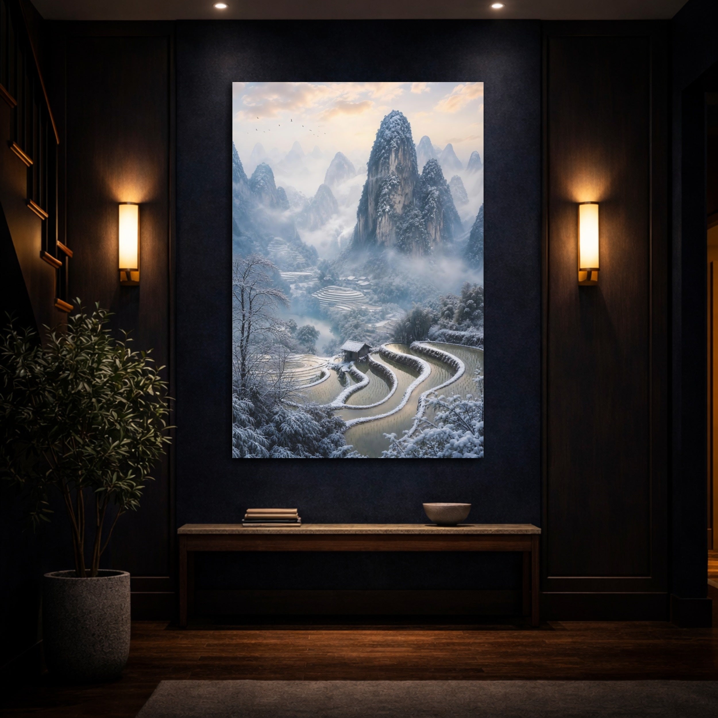 Mockup 4. Nature Snowy Mountains Blue And White Landscape shown as stretched canvas wall art